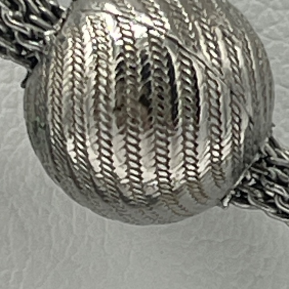 60" Silver Tone Mesh Necklace With Textured Bead Accents - Picture 3 of 11